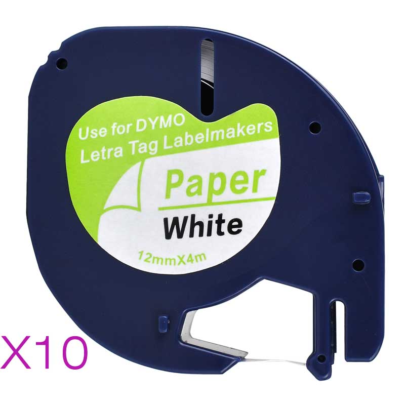 10 kompatible dymo letratag 91200 sort på hvidt  (12mm x 4m)  papirbånd til lt -100h,  lt -100t,  lt -110t, qx 50,  xr, xm