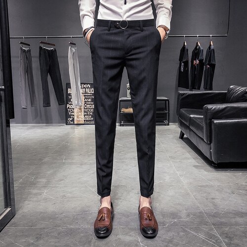 Kontorsbyxor herrklänning kostymbyxor slim fit business casual man formell galler brittisk stil vilda byxor gentleman: Svart / 28