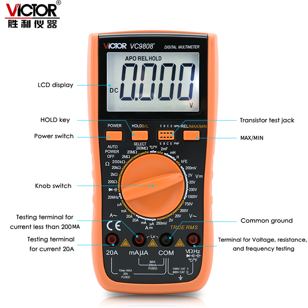 VICTOR VC9808+ 3 1/2 True RMS Digital Multimeter 1000V 20A Protable Meter Ammeter Voltmeter Inductance Frequency Tester DC AC