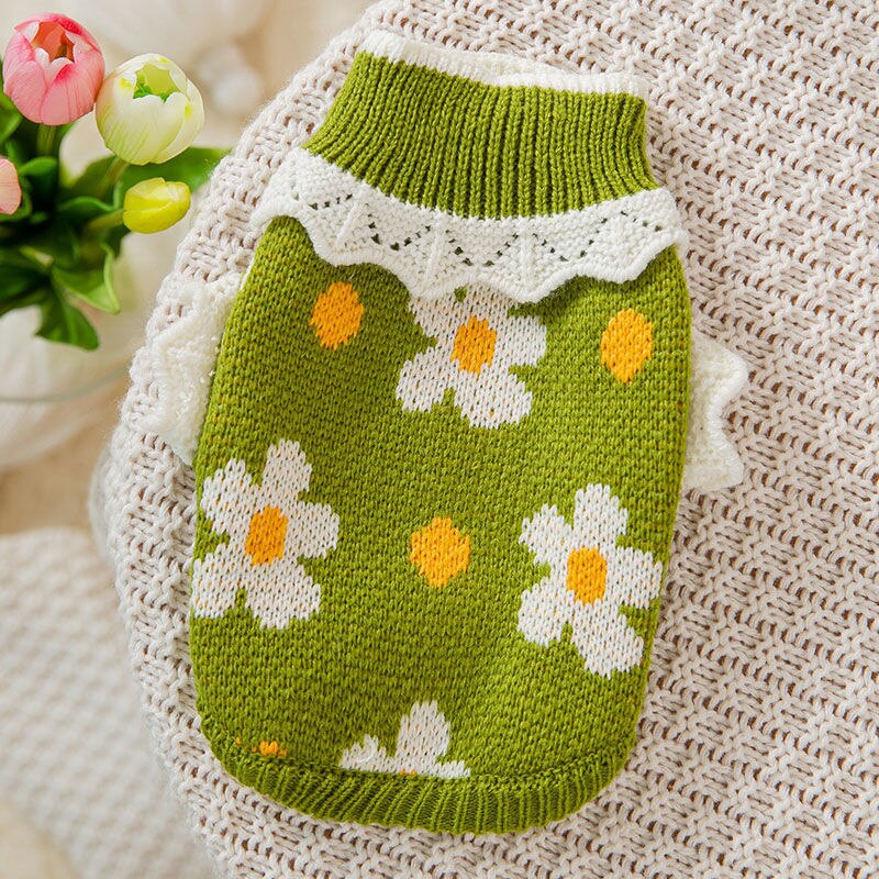 Pull à fleurs de marguerite pour chien, manteau d&#39;hiver en tricot, vêtement pour chat, yorkshire, Schnauzer, bouledogue français: green / L