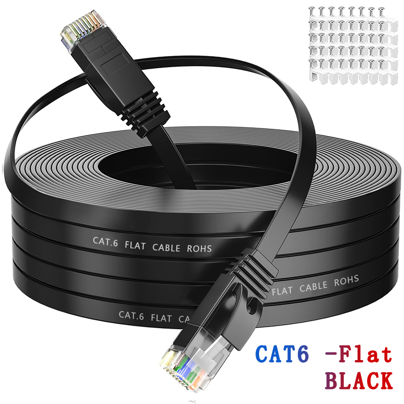 Cable Ethernet HENGSUR CAT6 5M 10M 20M 30M Cable plano de red de Internet RJ45 Cable de conexión LAN para enrutador Modem Cable Ethernet Cat6: Negro / 25 m