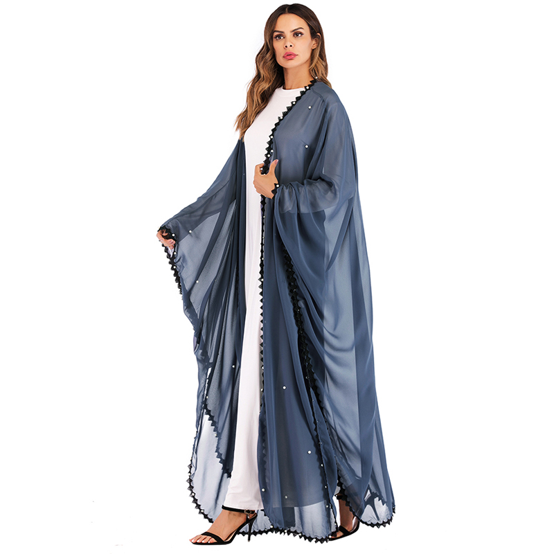 Lange Kant Mesh Parels Kaftan Abaya Dubai Turkse Islamitische Moslim Hijab Jurk Abaya Voor Vrouwen Qatar Jilbab Robe Caftan Kleding