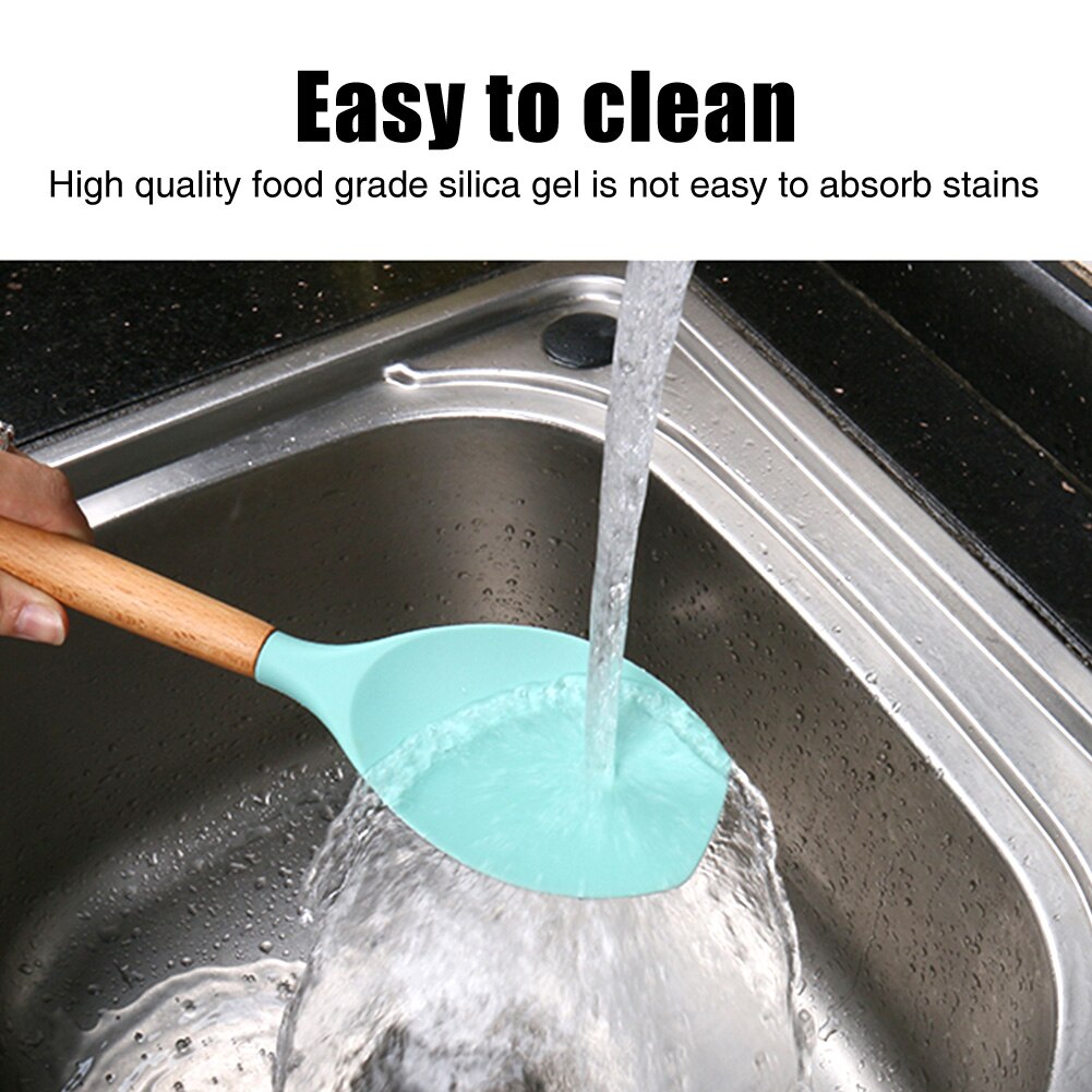 Hanging Kitchen Utensil Cooking Tool Gadgets Home Restaurant Soft Silicone Cookware Wooden Handle Easy Clean Non Toxic Nonstick