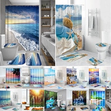 Coastal Strand Landschap Gedrukt Patroon Douchegordijn Voetstuk Tapijt Deksel Wc Cover Mat Badmat Set Badkamer Gordijnen Met Haken