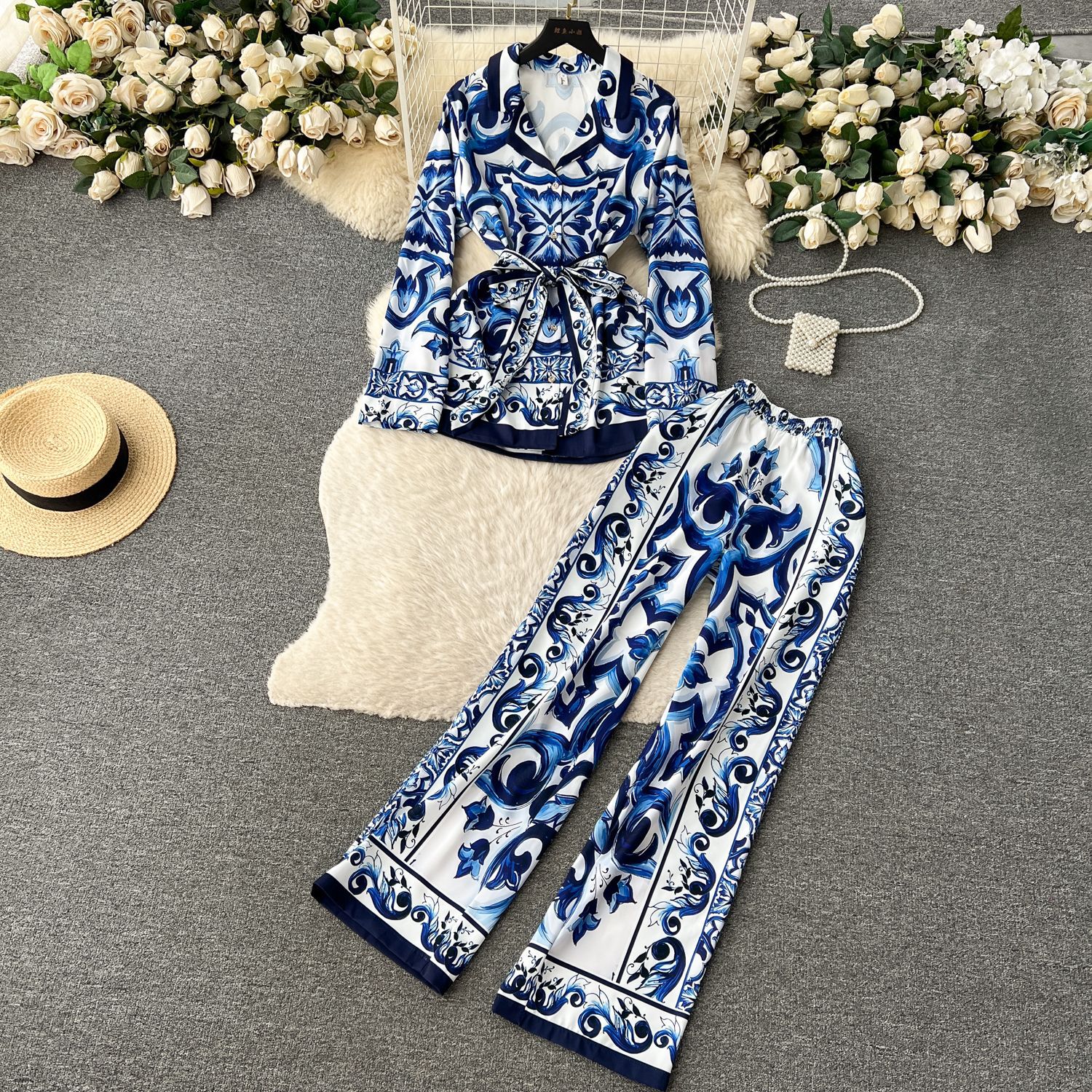 Pant Set Women Two Piece Sets Turn Down Collar Matching Sets Print Casual Loose Tops Wide Leg Long Pants Lace Up High Waist: M / Blue