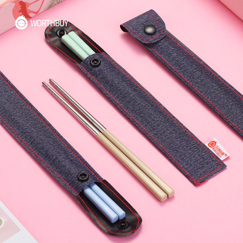 WORTHBUY Chinese Chopsticks Portable Travel Chopsticks 304 Stainless Steel Chop Sticks Wheat Straw Handle Food Stick Sushi Hashi
