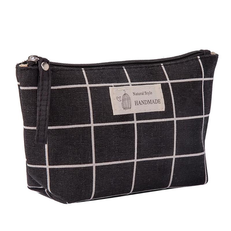 Neceser de maquillaje para mujer, kit de viaje a cuadros, bolsa para cosméticos de lienzo con cremallera impresa, bolso de teléfono, organizador, conjunto de maquillaje de belleza: Black lattice