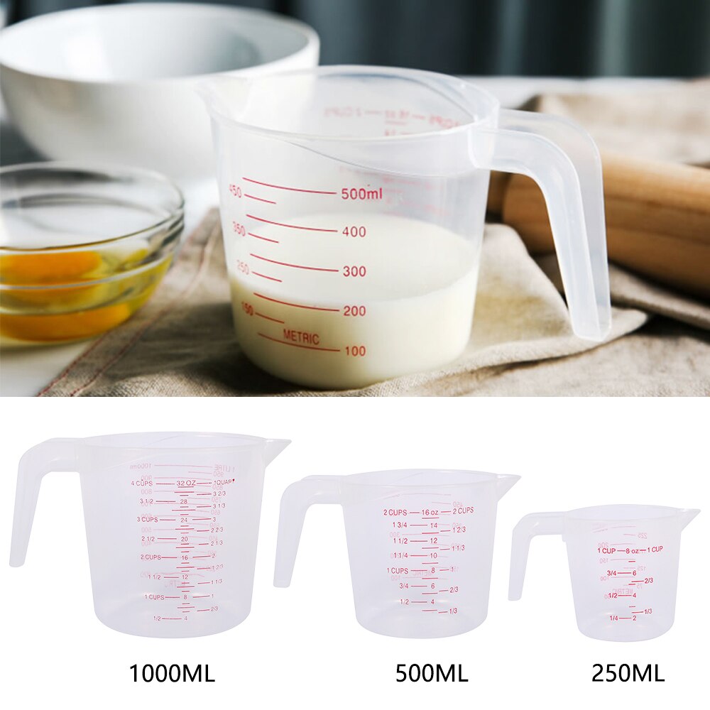 Jarra medidora de plástico para cocina, taza medidora de superficie con boquilla, graduada para hornear, medida líquida, 250/500/1000ML, 3 uds.