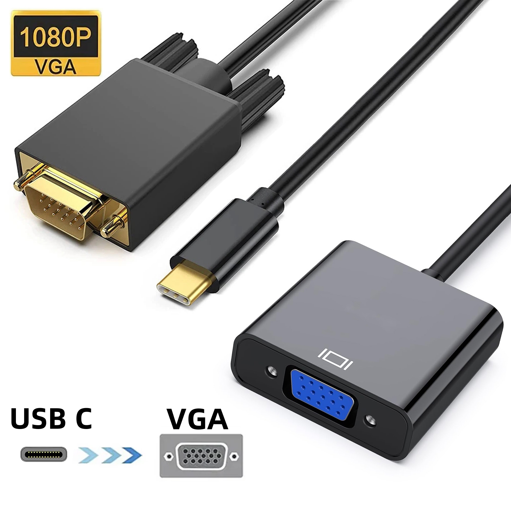 Thunderbolt3 USB C to VGA Adapter Compatible with Macbook Pro USB 3.1 Type-C To VGA Converter Cable for Laptop Monitor Projector