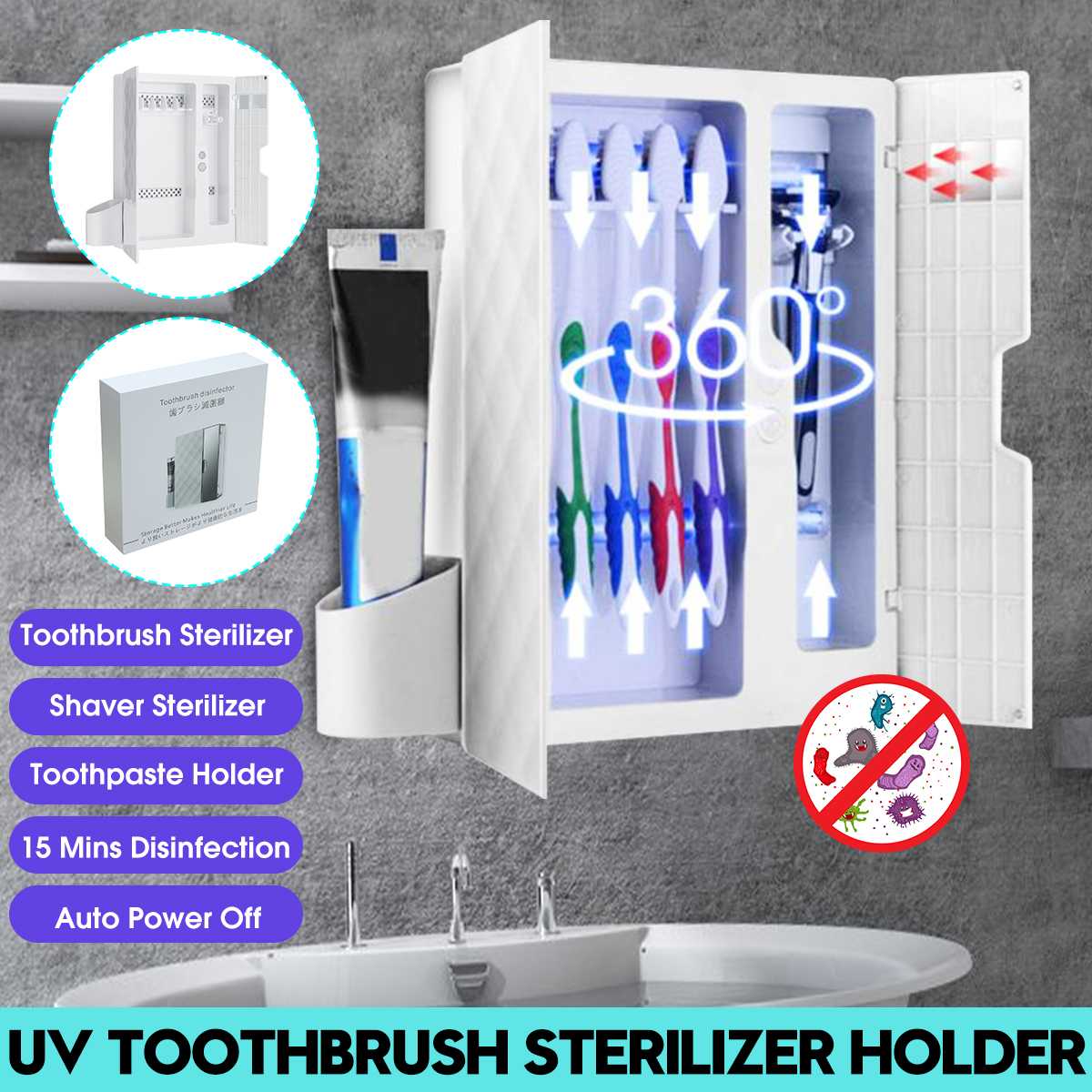 3 in 1 Ultraviolet Toothbrush Sterilizer Box UV Light USB Sterilizer Shaver Disinfection Bathroom Organizer Toothpaste Holder