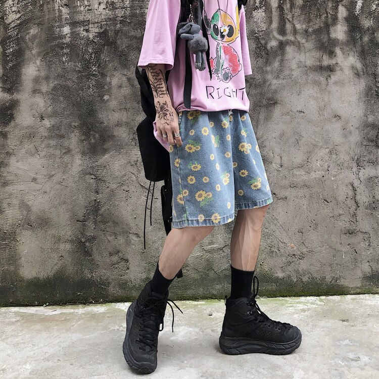 Pantalones cortos vaqueros lavados con estampado Floral de margaritas para hombre y mujer, ropa de calle informal, holgada, con cintura elástica, de verano