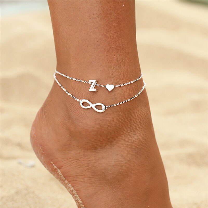 Heart Infinity Female Anklets Silver Color 26 Initial Letter Beach Foot Ankle Chain Bracelets for Women Jewelry