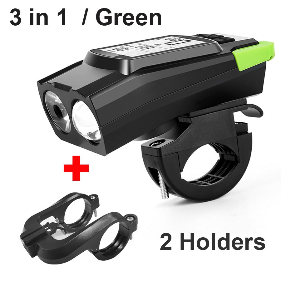 Newboler 3 em 1 luz da bicicleta computador lanterna led bicicleta frente luz ciclismo chifre à prova dusb água usb farol lâmpada de equitação: green 2 holder
