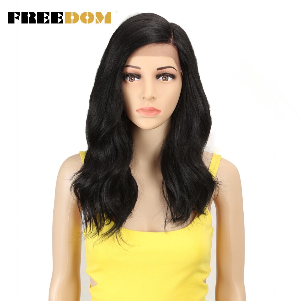 Vrijheid Synthetische Lace Pruik 20 Inche Body Wave Ombre Blond 613 Asymmetrie Pruiken Voor Zwarte Vrouwen Hittebestendige Mode Pruik: #1B