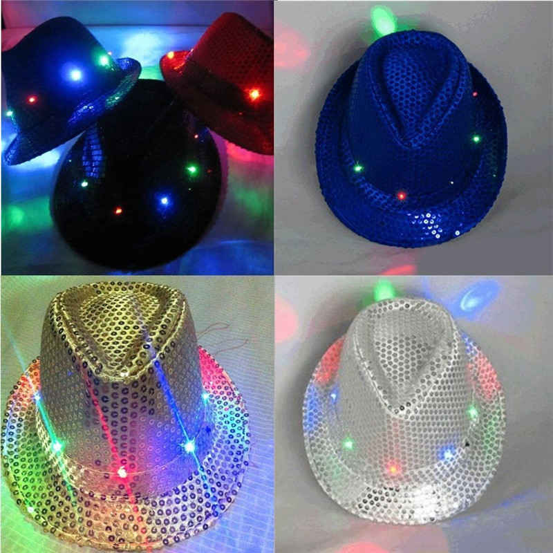 LED Flashing Light Up Fedora Cowboy Hat Sequin Unisex Fancy Dress Dance Party Hat