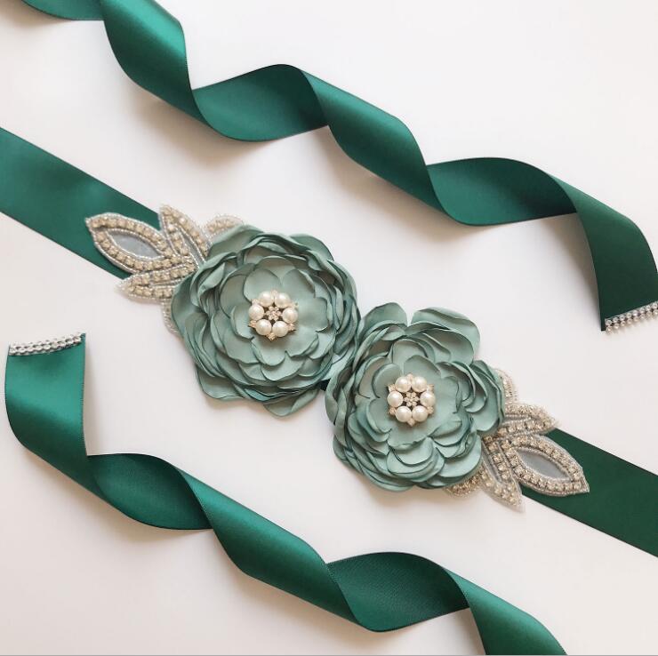 Vintage sidenband 270cm långa bälten stora blommor glänsande löv strass kvinna skärp bälten bröllop brudtillbehör: Grön