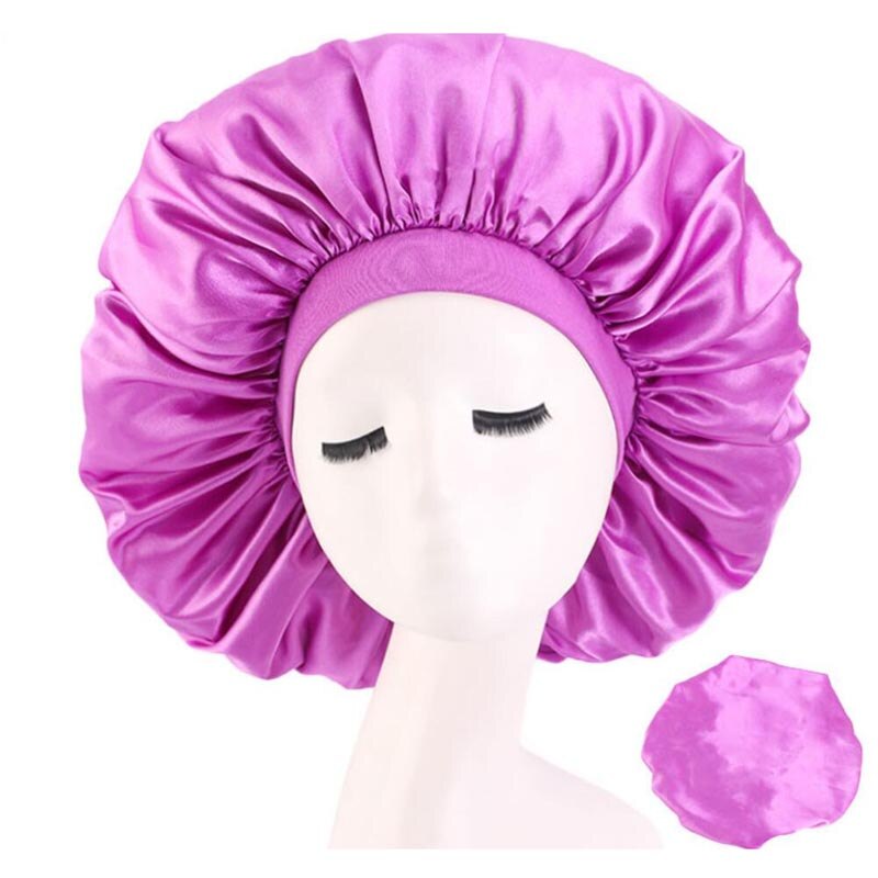 Women Satin Sleep Night Chemo Cap Solid Color Stretch Hair Care Hat Turban Bonnet Headscarf Skullies Wide Elastic Band Headwear: 01  Purple