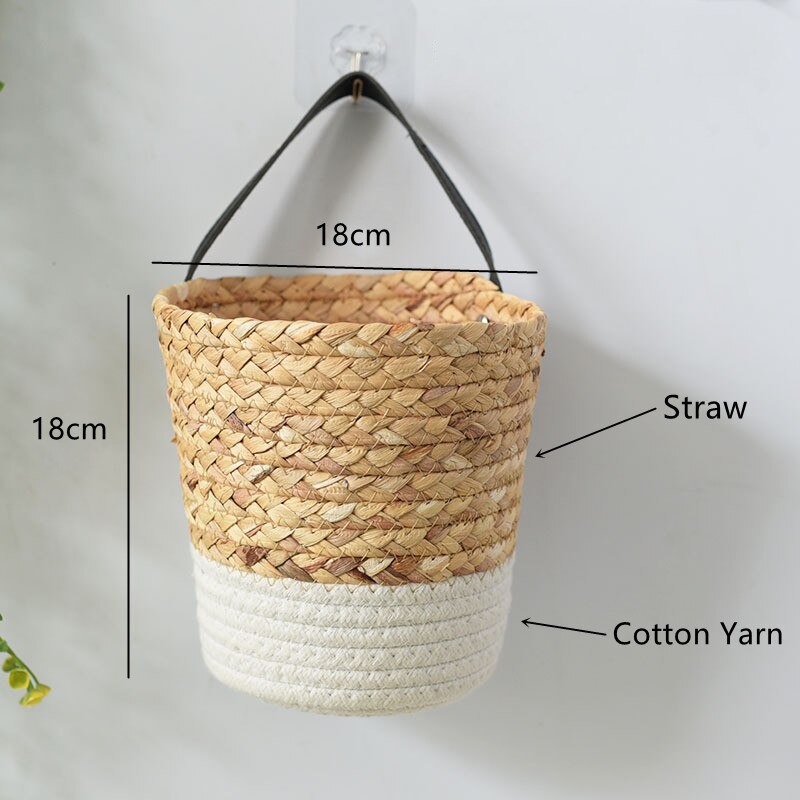 Woven Hanging Basket For Planters Rattan Wicker Baskets Garden Wall Decoration Wall-mounted Basket Storage Rack: Straw White18cm