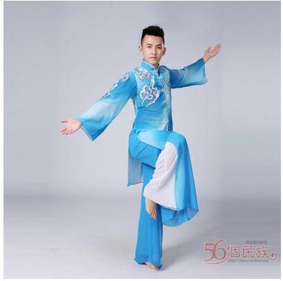 Trajes chinos de baile traje de danza del león traje nacional de Hanfu Danza antigua de los hombres: Azul / L
