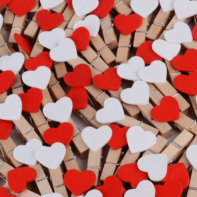 100 Stck Mini Holz Verschlüsse Herz (Weiß + verrotten) schellen Holz Dekoration Kleine Wäscheklammern Deko Schellen Holz Wäscheklammern Decorat