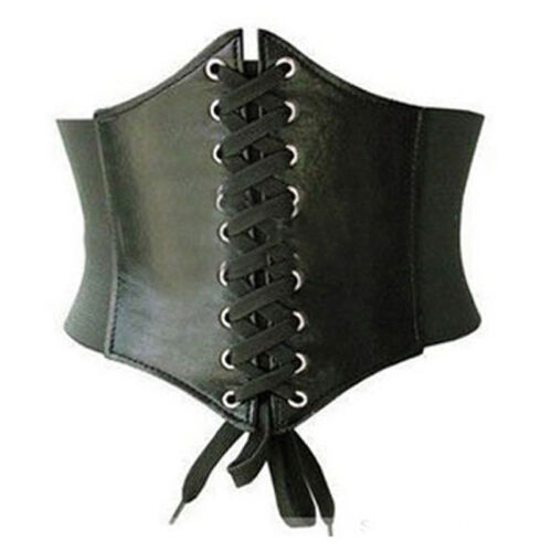 Justerbare taljebælter til kvinder snørebånd i læder bred korset stretch spænde tynd bred kjole talje bælte linning: Sort