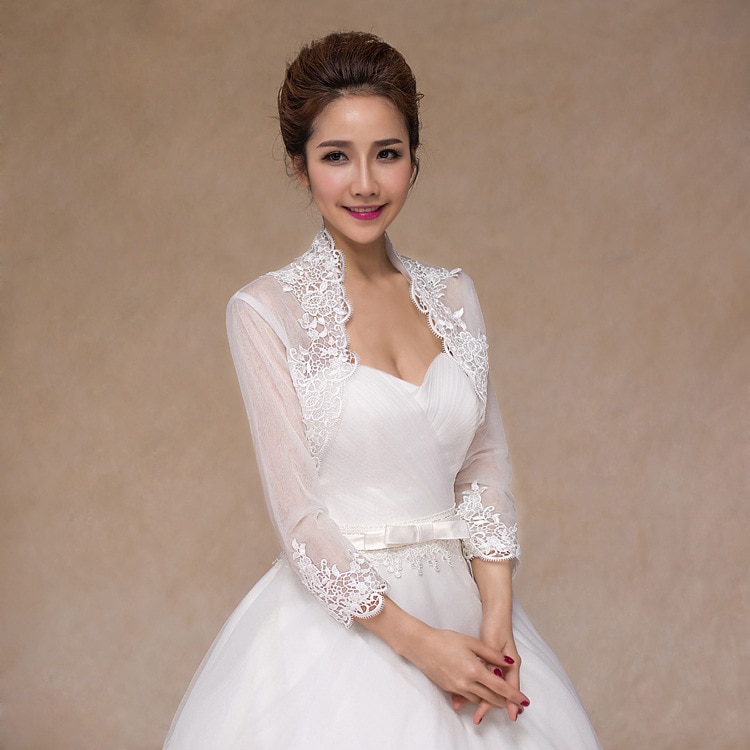 Chaqueta de manga larga para mujer, bolero recortado con hombros de encaje blanco, envolturas de boda blancas, , novedad de 3/4