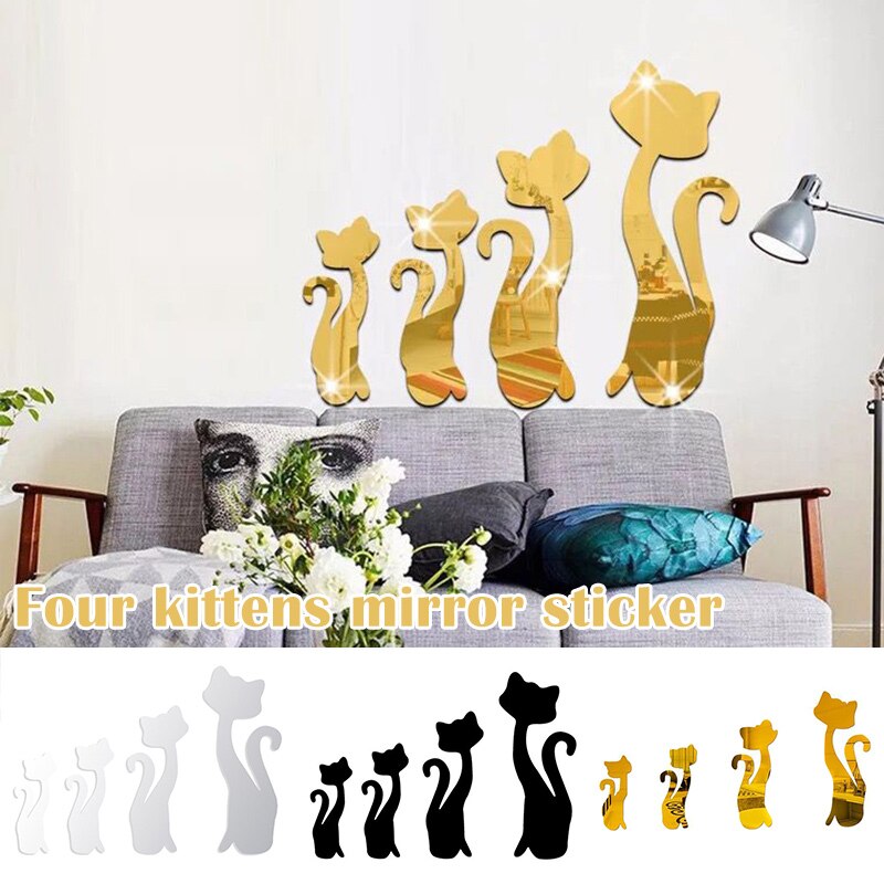 Nieuw Vier Kitten Vorm Verwijderbare Spiegel Muurstickers Slaapkamer Woonkamer Decoratie Stickers