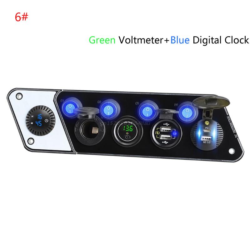 Multifunctional RV Phone Charger 12-24V PD QC3.0 Charging Socket with Voltmeter Digital Clock with 4 Switch: 6