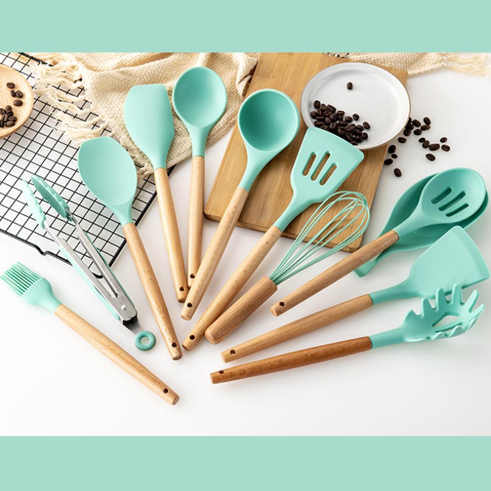 Wood Silicone Cooking Cake Utensils Natural Wood Handle Cooking Tools Turner Tongs Spoon Spatula Bakeware Kitchen Tools