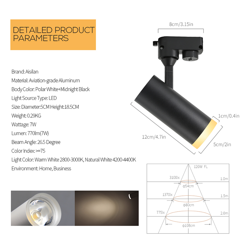 Aisilan LED Track Light 7W COB Rail Spotlights Lamp Leds Tracking Fixture Spot Lights AC90-260V for Art Exhibition,Picture Show