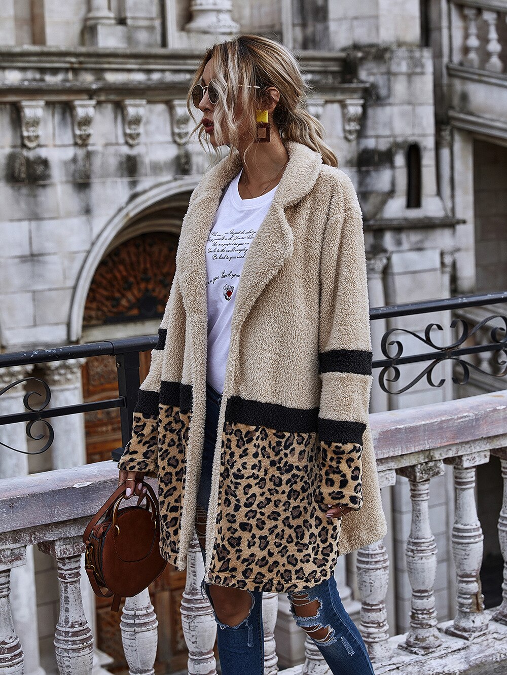 Chaqueta larga de leopardo para mujer, abrigo grueso y cálido de oso de peluche, de lujo, invierno,: XL
