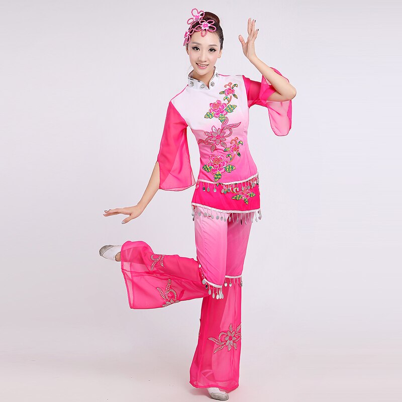 Women Chinese Yangko Dance Costume Chinese Classic Fan Stage Dance Clothing Female Chinese Folk Dance Dress 89: XXXL