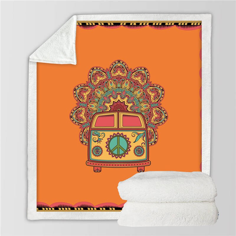 Sengetøy outlet hippie veteranbil fløyel plysj pledd oransje mandala sherpa teppe til sofa bohemisk mini varebil tynt teppe: Oransje / 228 cm x 228cm