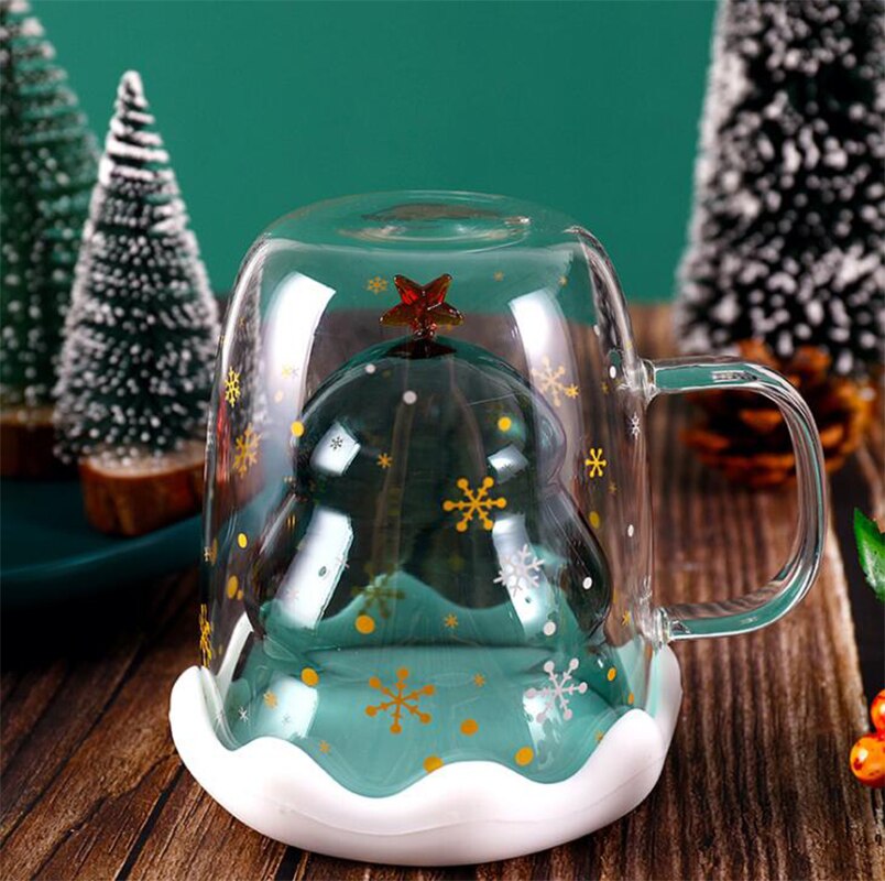 Kerstboom glazen beker koffiemokken drinkisolatie dubbelwandige glazen beker festival voor vriend kind drinkgerei: Met deksel