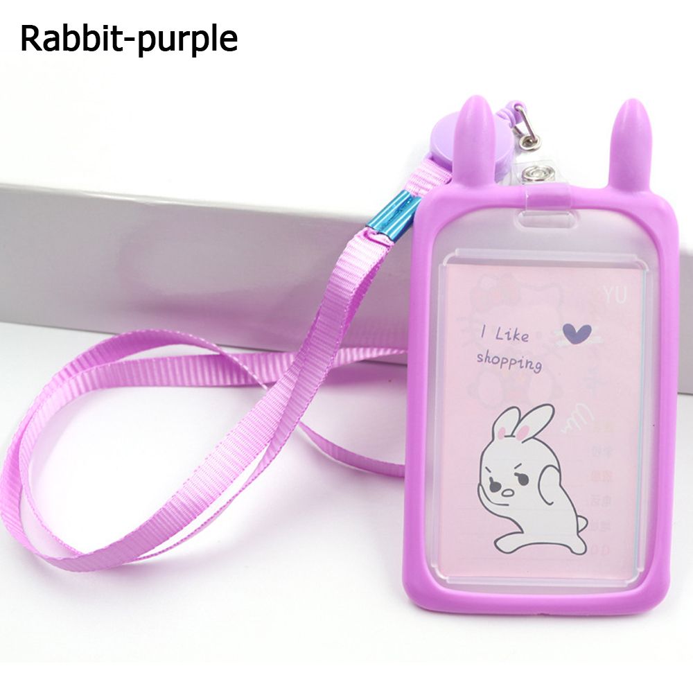 1PC uroczy kreskówkowy kot posiadacz karty banku tożsamości kartę komunikacji miejskiej dowód osobisty rękaw pokrowca z zwijacz smycz kredytowej pokrywy skrzynka dla dzieci prezent: purpurowy-królik