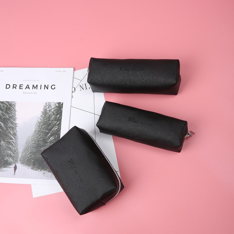 Cute Black PU Leather Pencil Case Big Capacity Zipper Pencil Box For School Pencil Bag School Supplies Tools Girl Cosmetic Bag