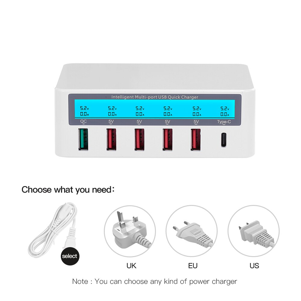 USB Smart Charging Station 6 Ports LCD USB Charging Dock QC3.0 Fast Charging Universal Compatibility Charging Station for PC