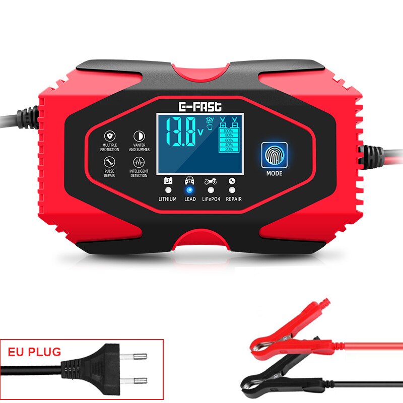 12V 24V Car Battery Charger LCD Display Lead-acid AGM GEL& Lithium LiFePO4 Battery Repair: EU PLUG
