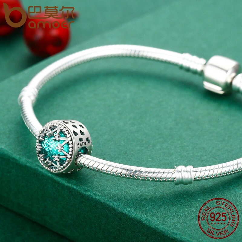 Bamoer romântico 925 prata esterlina brilhante floco de neve contas de cristal verde ajuste feminino pulseira jóias presente natal scc308