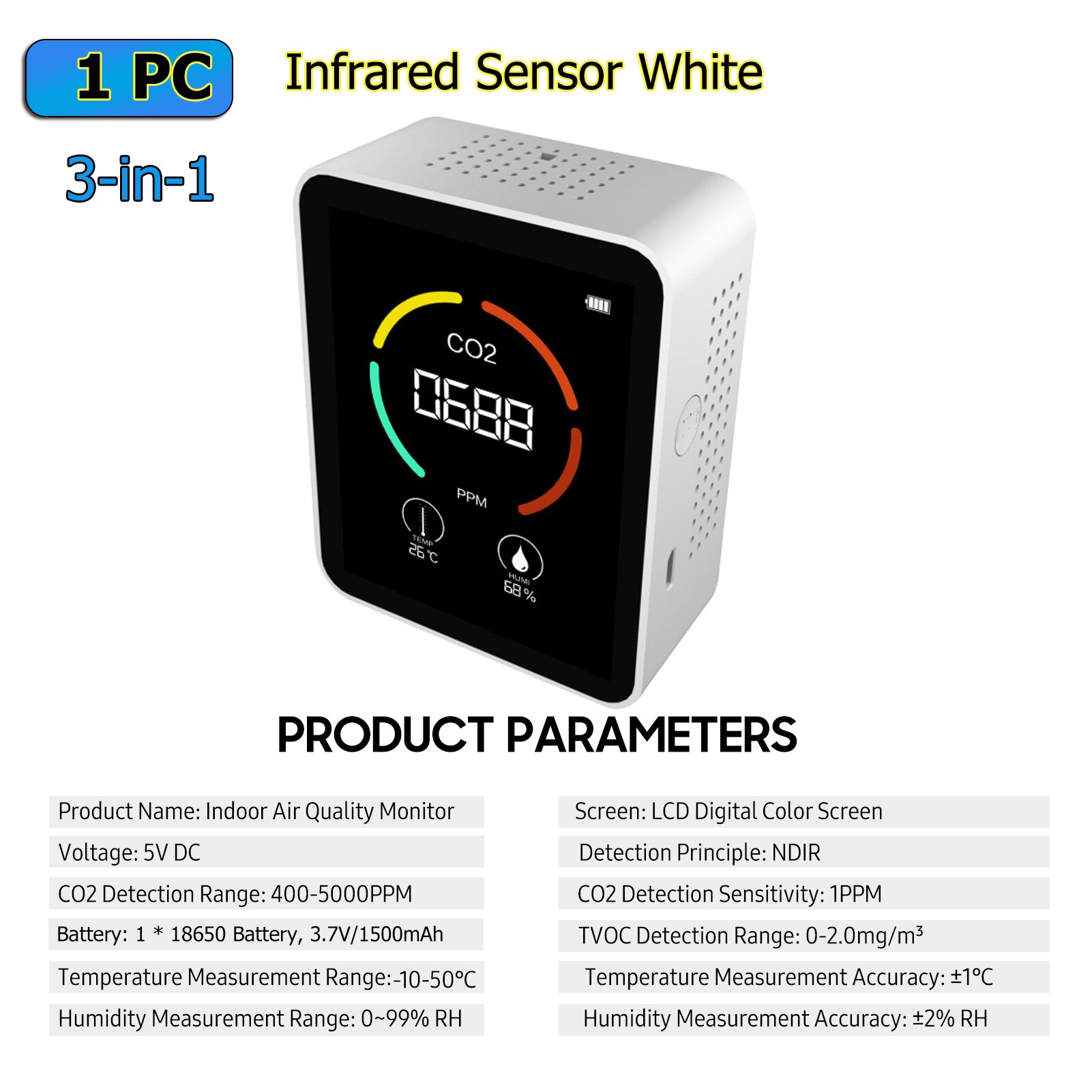 CO2 Meter 5in1 Formaldehyde HCHO TVOC Tester Co2 Sensor Air Monitor Indoor CO2 Detector LCD Temperature Humidity Tester: 3in1 W Infrared Sens