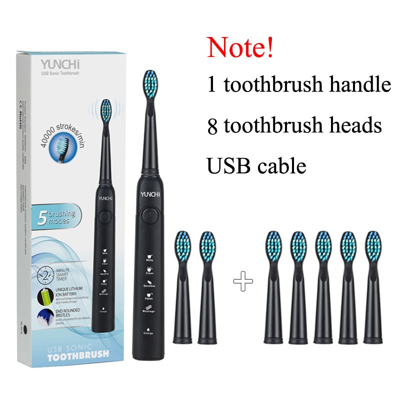 Sonic Electric Toothbrush Brand Teeth Whitening Replacement Brush Heads USB Recharging Tooth Brush Dental Teeth Cleaner White: black conbination YC