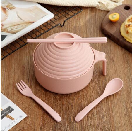 1Set Noodles Bowl with Lid Handle Dinnerware Wheat Straw Style Soup Bowl Microwavable Bowl Electric Lunch Box Food Container: pink