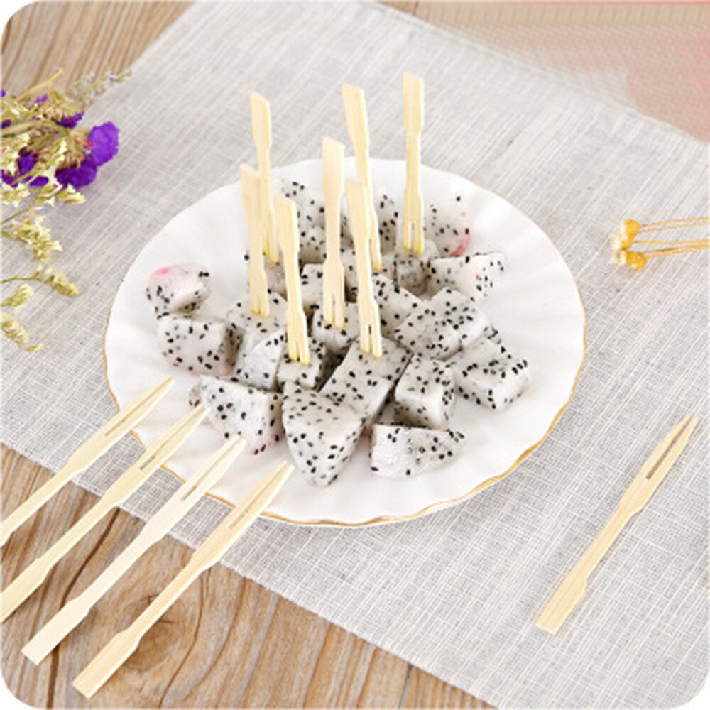 80Pcs Bamboe Fruit Vorken Lengte Cocktail Fruit Picks Spiesjes Sticks Party Dessert Gebruiksvoorwerp Wegwerp Vorken Catering Vorken