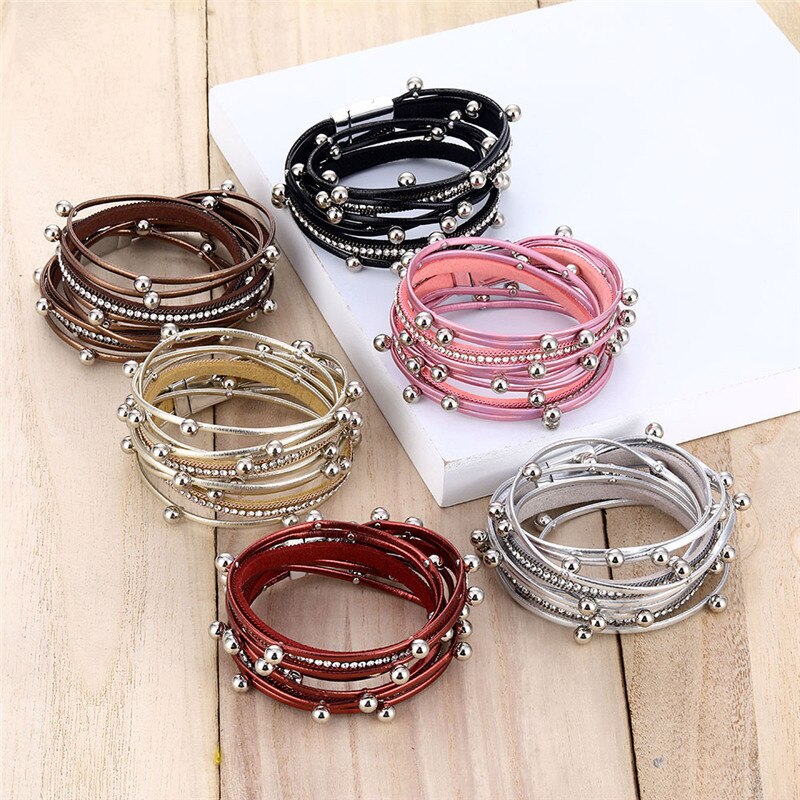 Rosa Leder Armbänder Für Frauen Kristall Metall Perlen Charme Armbinde Bohemien mehrschichtig wickeln Armbinde Femme Schmuck