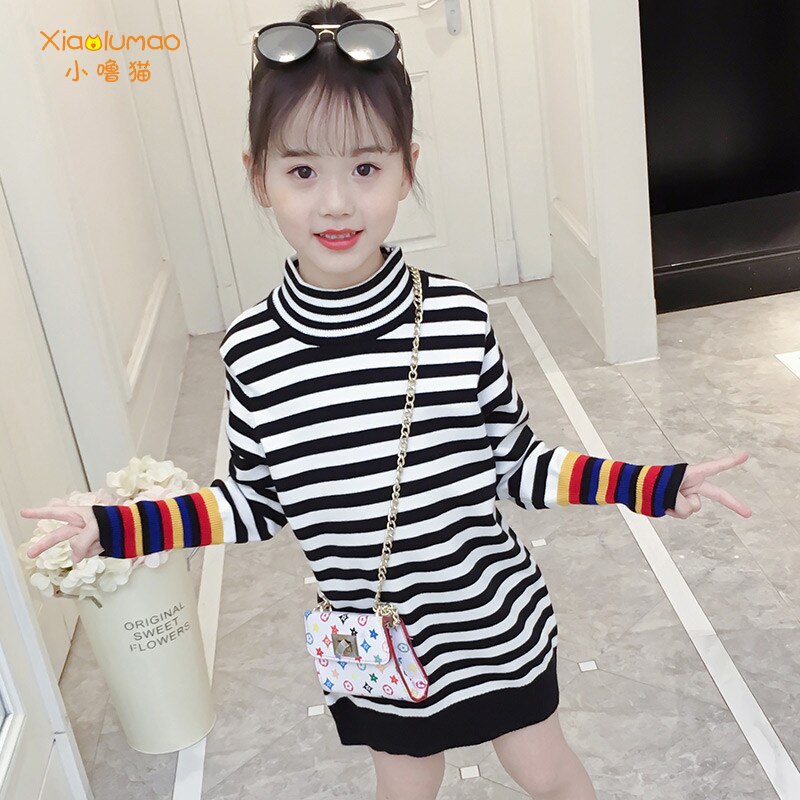 Meisjes coltrui jurk kinderen gestreepte trui jurken regenboog trui jurk voor 5-8t meisjes kinderen warme kleding met lange mouwen