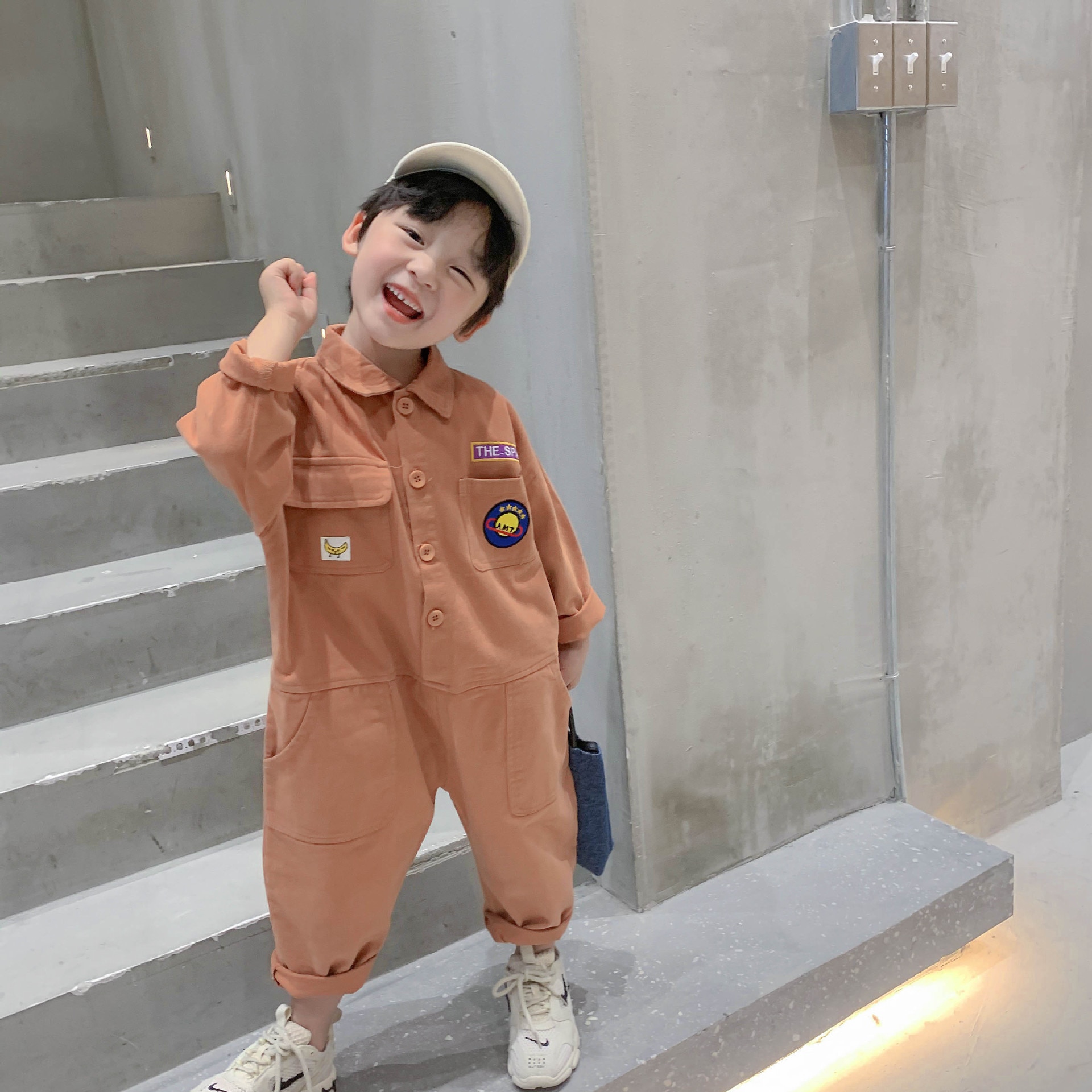 Korean style boys embroidery long sleeve one-pieces children solid color oversized jumpsuits