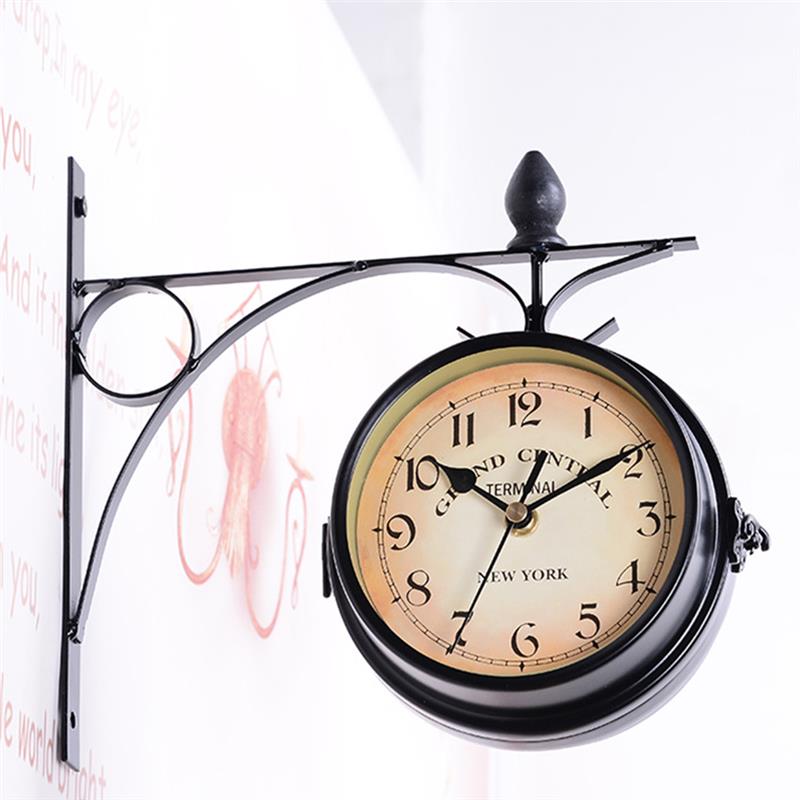 Retro Double Side Rotating Wall Clock Metal Hanging Clock Outdoor /Home/Garden Decor European Clock Wall Mounted+Bracket