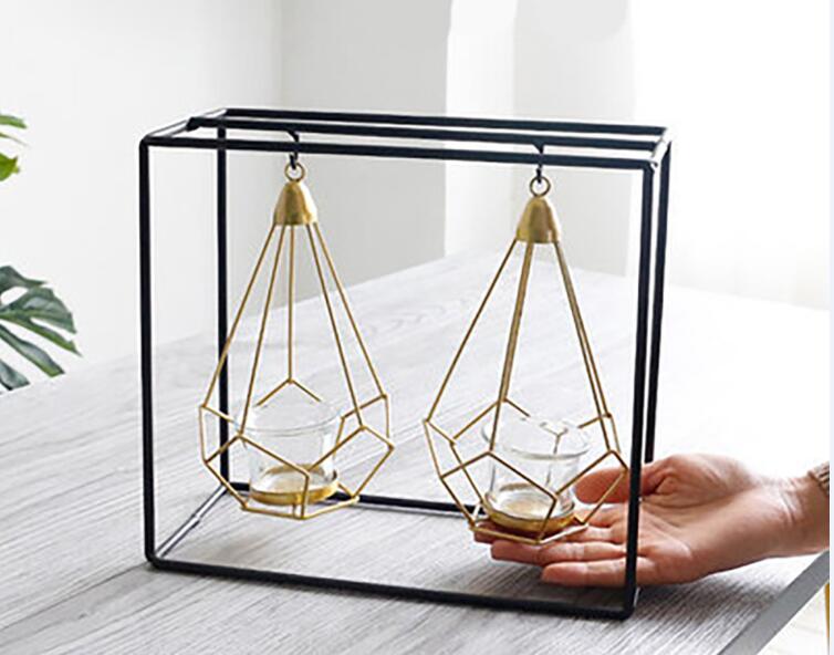 Noordse ijzeren kunst kandelaar knutselen kandelaars glazen kaarsenhouders bougie standaard huisdecoratie romantische hangende glimmende rekwisieten: Vierkant 2