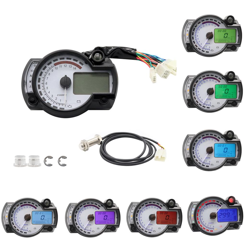 Universal LCD Motorcycle 7 Colors Speedometer Odometer 14000 RPM Speed Fuel Gauge 299 Kph Mph -12V