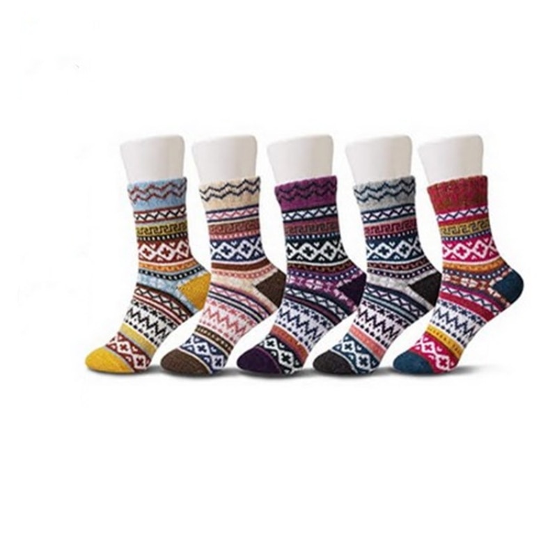 1 Pair Casual Womens Soft Thick Warm Socks Rabbit Wool Blends Warm Winter Socks Womens Retro Style Colorful Breathable